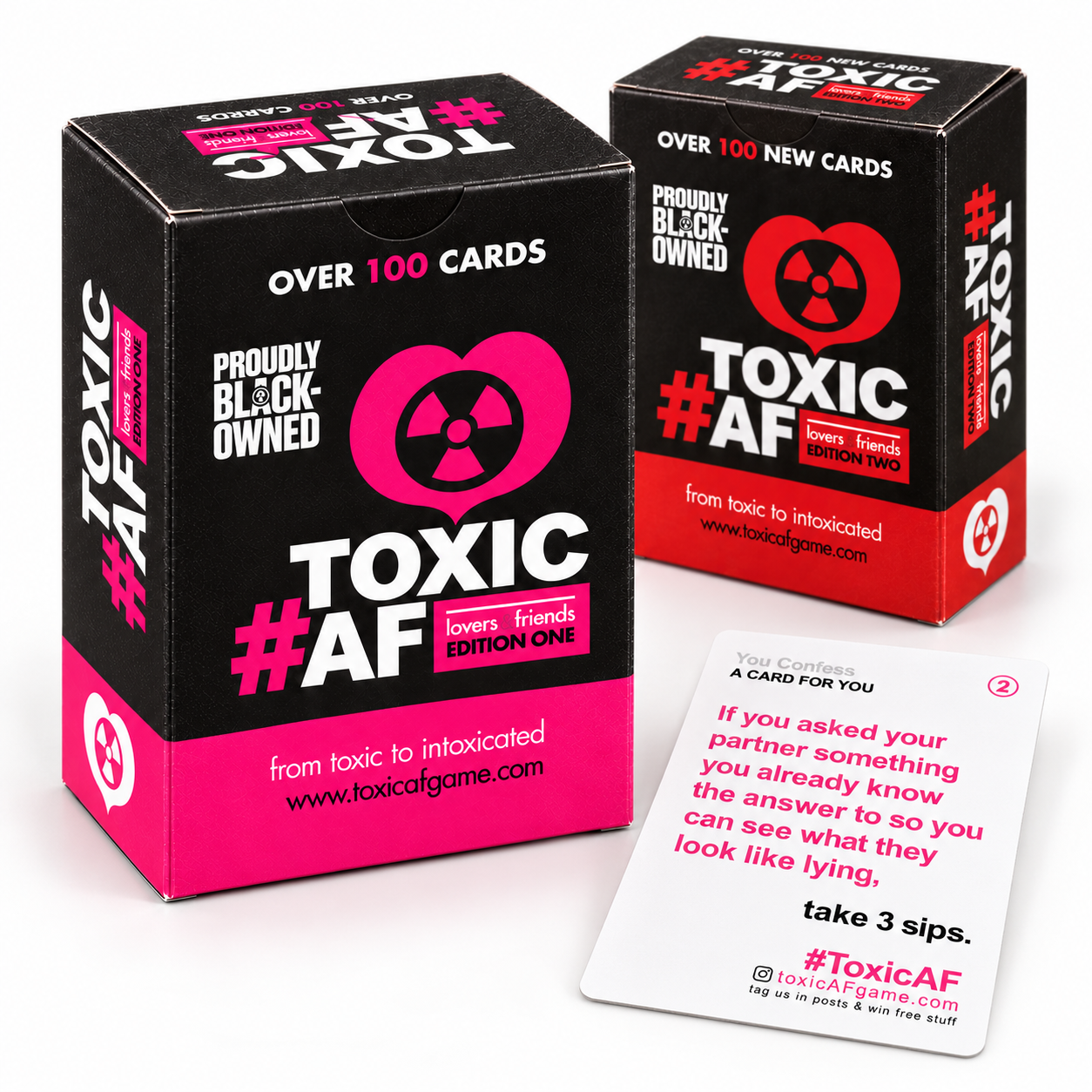 Pink-led product photograph of Toxic AF editions one and two with a current white card