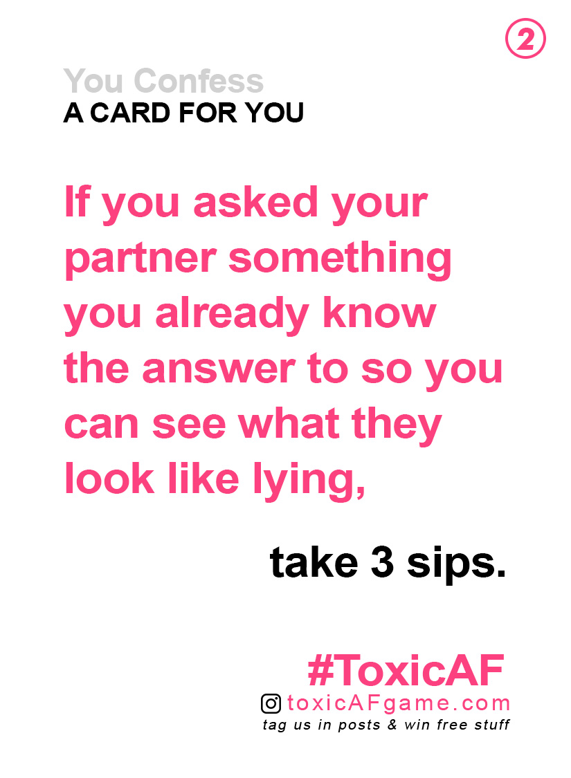 Current white Toxic AF confession card with black and hot-pink writing